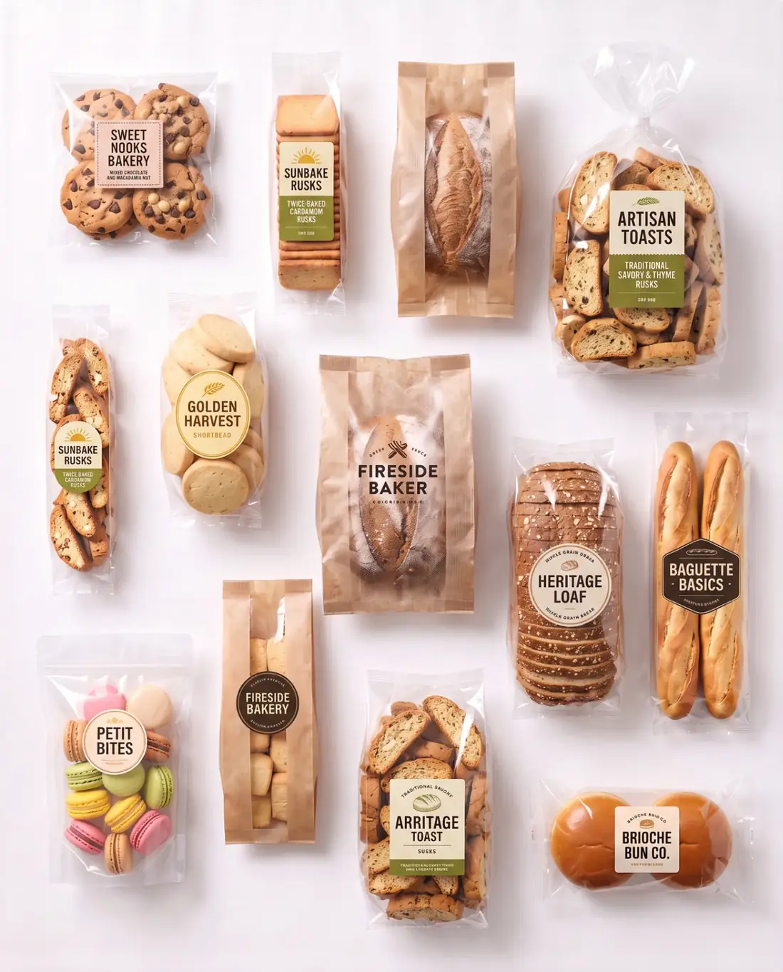 Custom printed flexible packaging samples showing full-colour brand artwork