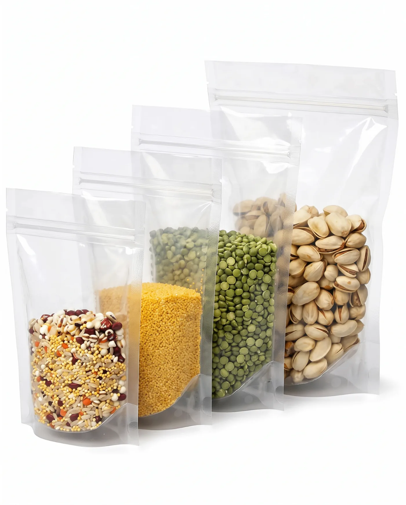 Clear stand-up pouch with resealable zipper and tear notch